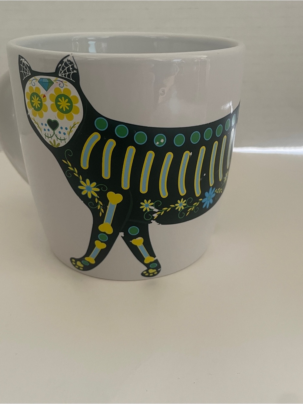 Day of the Dead Cat Ceramic Mug - Black & Yellow Floral Skull Design